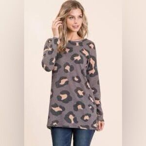 Gray Leopard Relaxed Ribbed Long Sleeve Top MADE IN USA